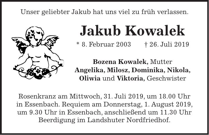 Gedenkzettel für Jakub Kowalek, geboren 2003, verstorben 2019